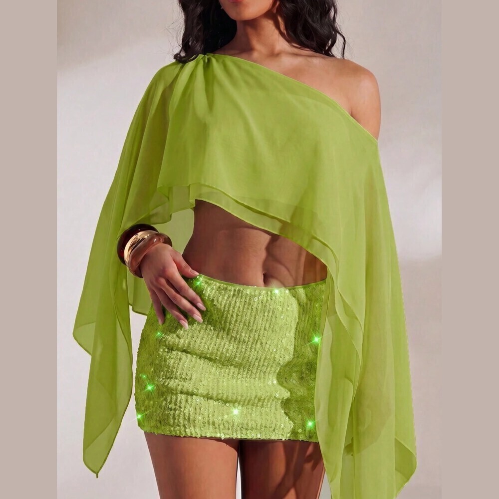 Lime Green Asymmetrical One Shoulder Sheer Chiffon Cape Top